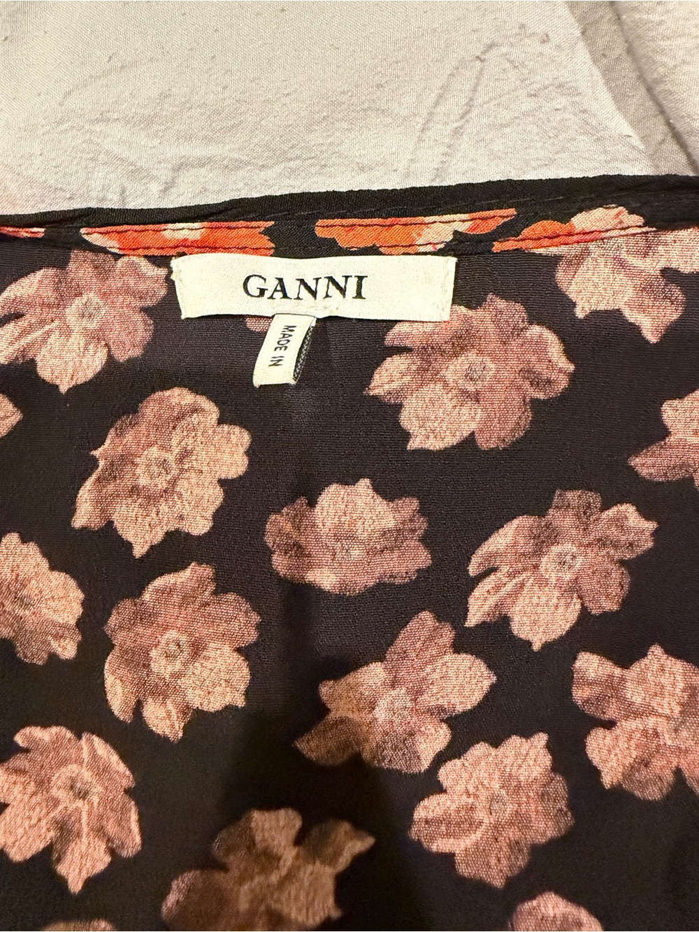GANNI Floral Wrap Midi Dress Puff Sleeve Size 40 (US 8) Black Orange/Pink - Picture 1 of 3